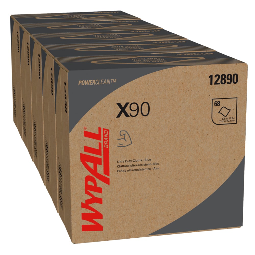 Chiffons WypAll® X90 Power Clean ultra-robustes (12890), BOÎTE POP-UP de lingettes, bleu jean, 5 boîtes/caisse, 68 feuilles/boîte, 340 feuilles/caisse - 12890