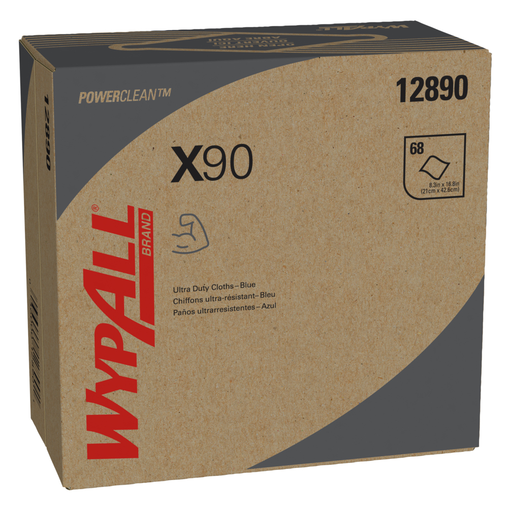 Chiffons WypAll® X90 Power Clean ultra-robustes (12890), BOÎTE POP-UP de lingettes, bleu jean, 5 boîtes/caisse, 68 feuilles/boîte, 340 feuilles/caisse - 12890