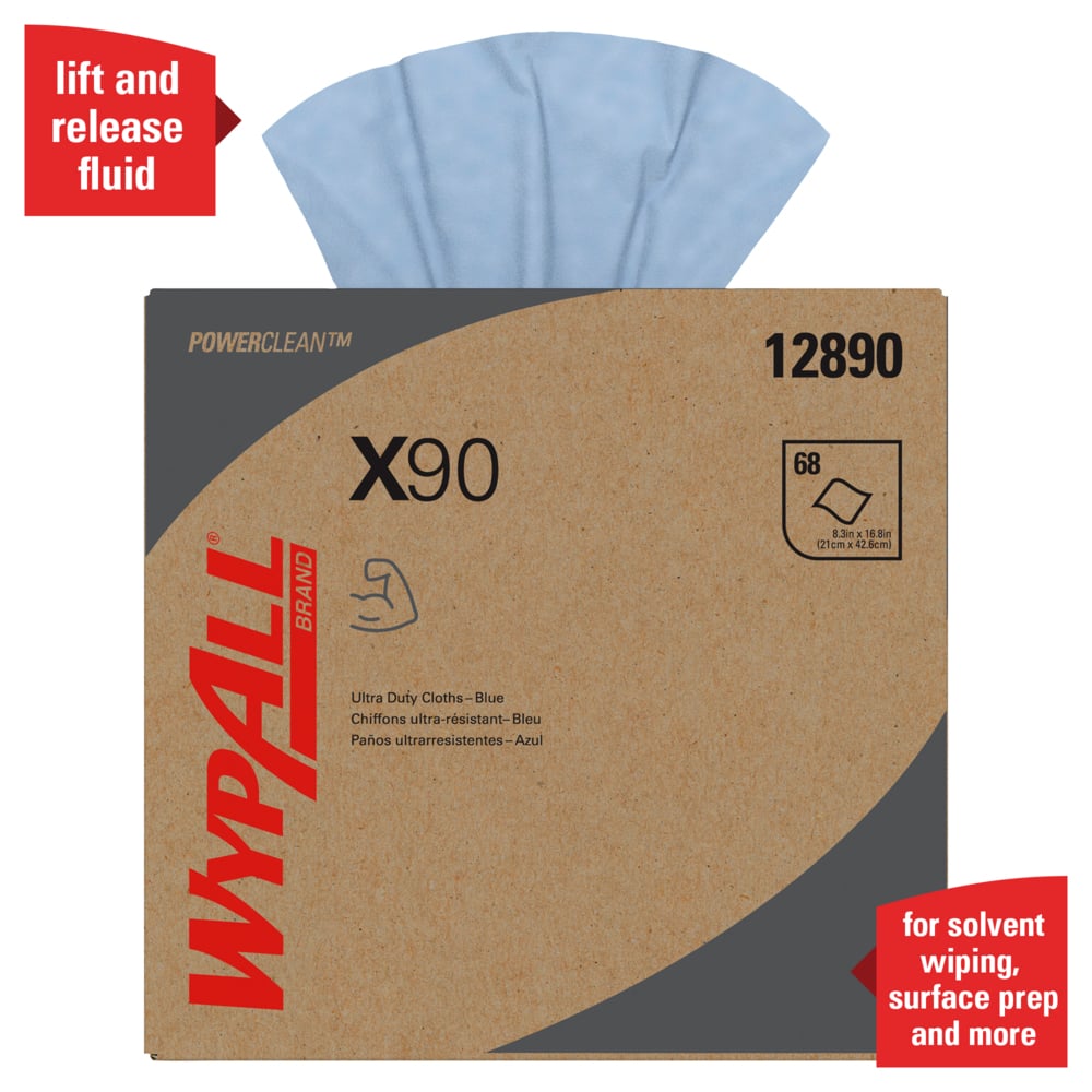 WypAll® Power Clean X90 Ultra Duty Cloths (12890), Wipes POP-UP BOX, Blue Denim, 5 Boxes / Case, 68 Sheets / Box, 340 Sheets / Case - 12890