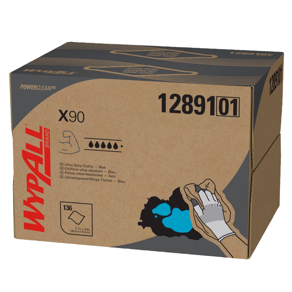 Chiffons WypAll® X90 Power Clean ultra-robustes (12891), Lingettes BOÎTE BRAG, bleu jean, 1 boîte/caisse, 136 feuilles/boîte - 12891