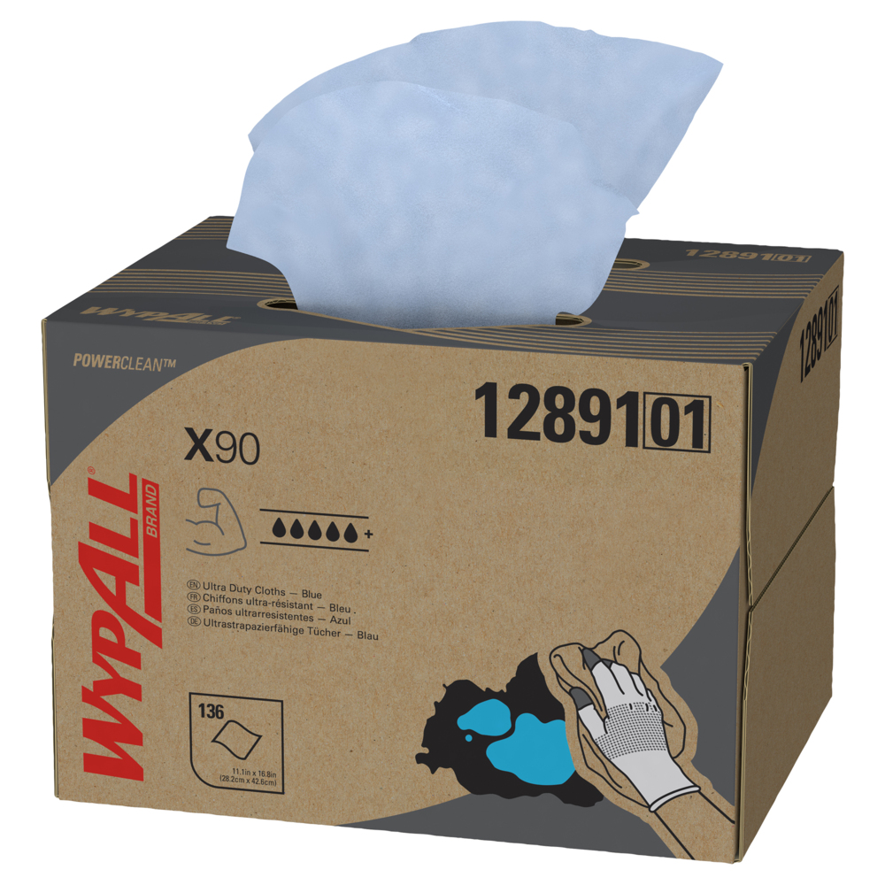 Chiffons WypAll® X90 Power Clean ultra-robustes (12891), Lingettes BOÎTE BRAG, bleu jean, 1 boîte/caisse, 136 feuilles/boîte - 12891