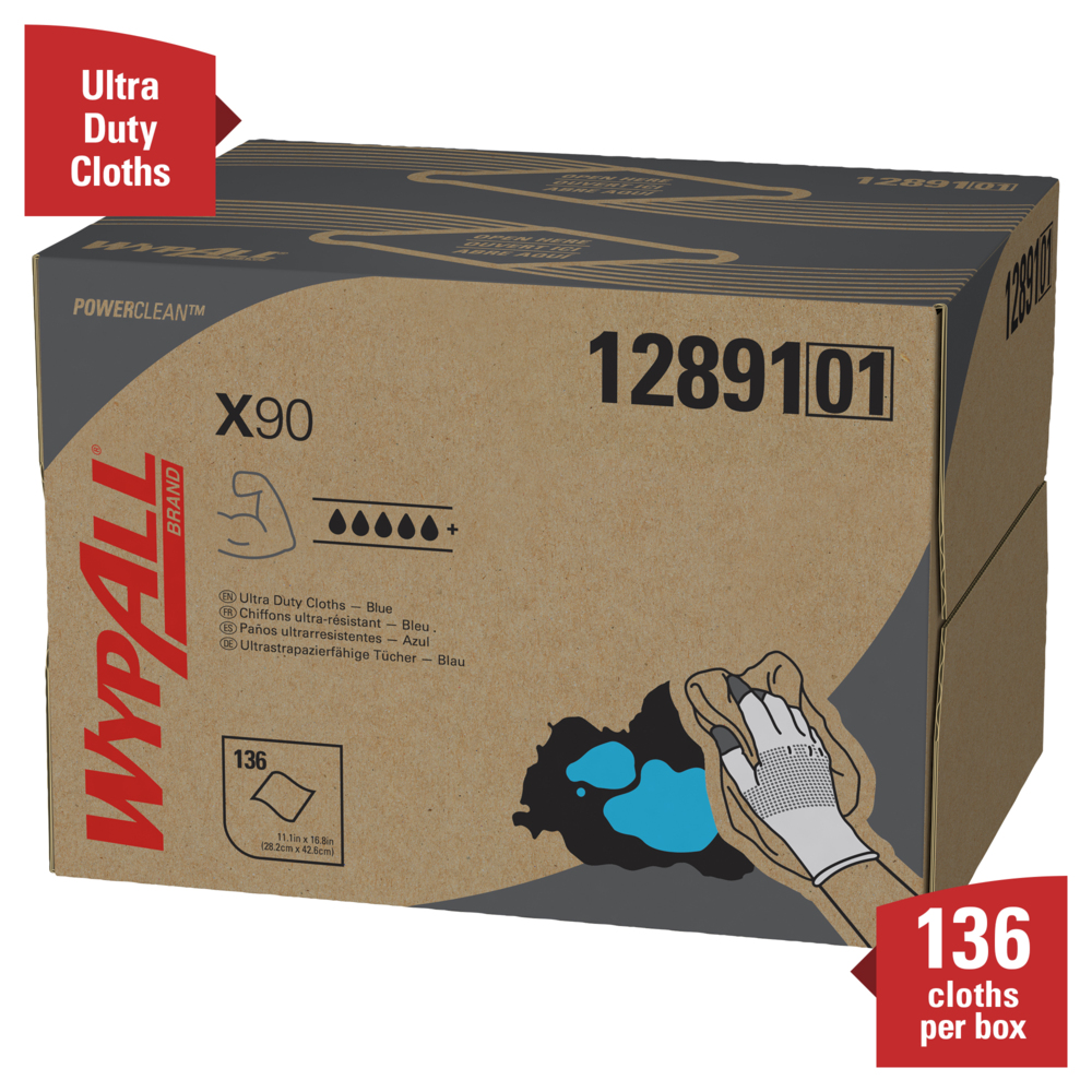 WypAll® Power Clean X90 Ultra Duty Cloths (12891), Wipes BRAG BOX, Blue Denim, 1 Box / Case, 136 Sheets / Box - 12891