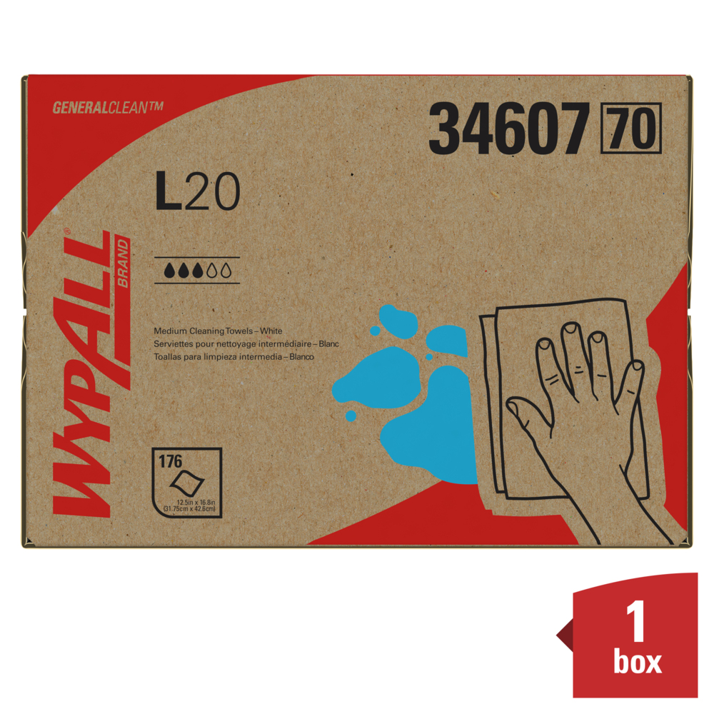 WypAll® General Clean L20 Medium Cleaning Cloths (34607), BRAG Box, White, 4-Ply, 1 Box of 176 Wipes - 34607