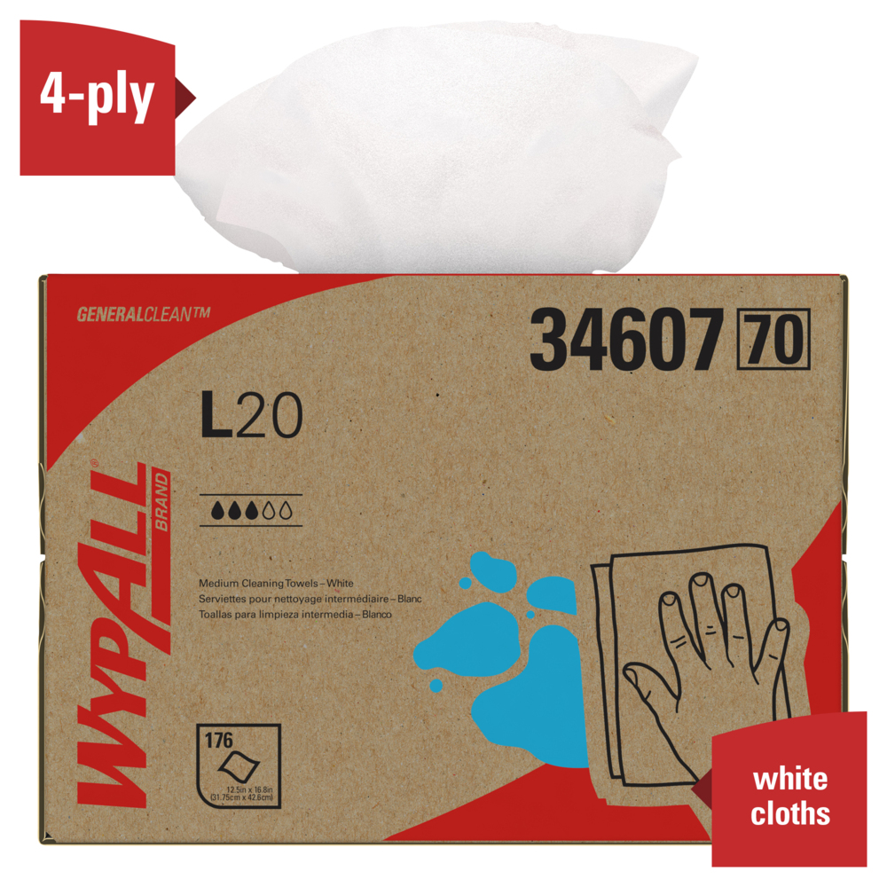 WypAll® General Clean L20 Medium Cleaning Cloths (34607), BRAG Box, White, 4-Ply, 1 Box of 176 Wipes - 34607