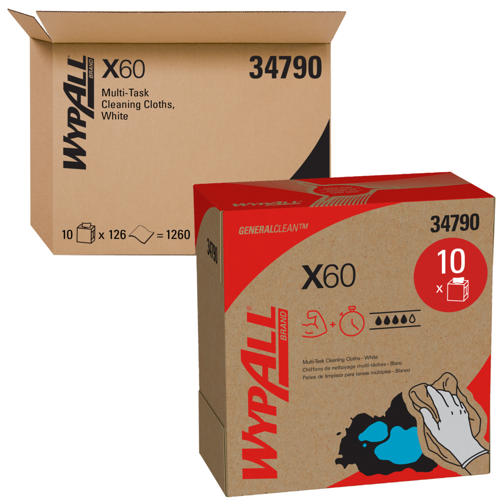 Chiffons de nettoyage multitâches WypAll® X60 General Clean (34790), boîte Pop-Up, blancs, 10 boîtes/caisse, 126 feuilles/boîte, 1 260 feuilles/caisse - 34790