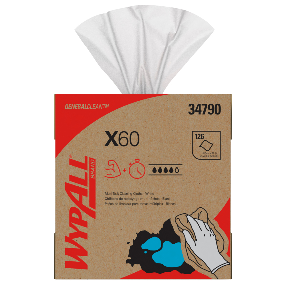 Chiffons de nettoyage multitâches WypAll® X60 General Clean (34790), boîte Pop-Up, blancs, 10 boîtes/caisse, 126 feuilles/boîte, 1 260 feuilles/caisse - 34790