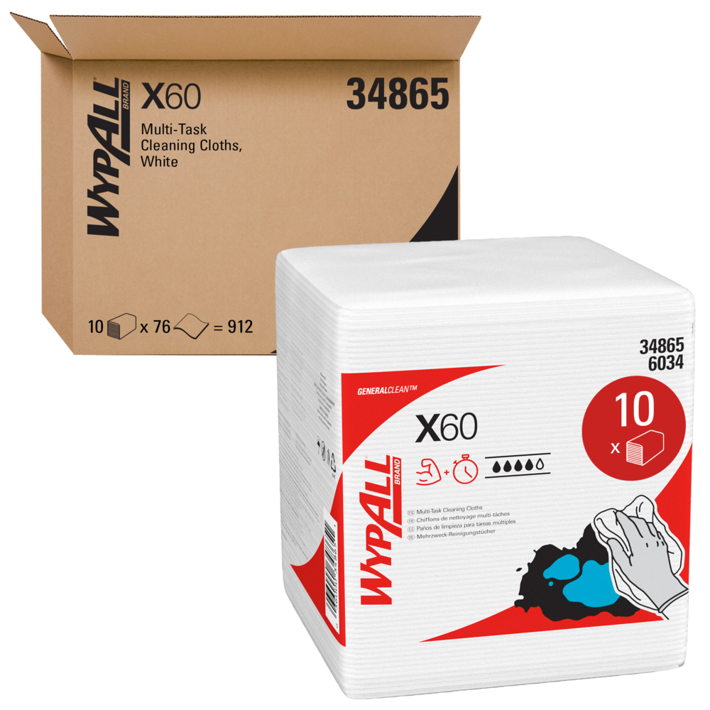 Chiffons de nettoyage multitâches WypAll® X60 General Clean (34865), débarbouillettes pliées en quatre, blanches, 76 feuilles/paquet, 12 paquets/caisse, 912 débarbouillettes/caisse