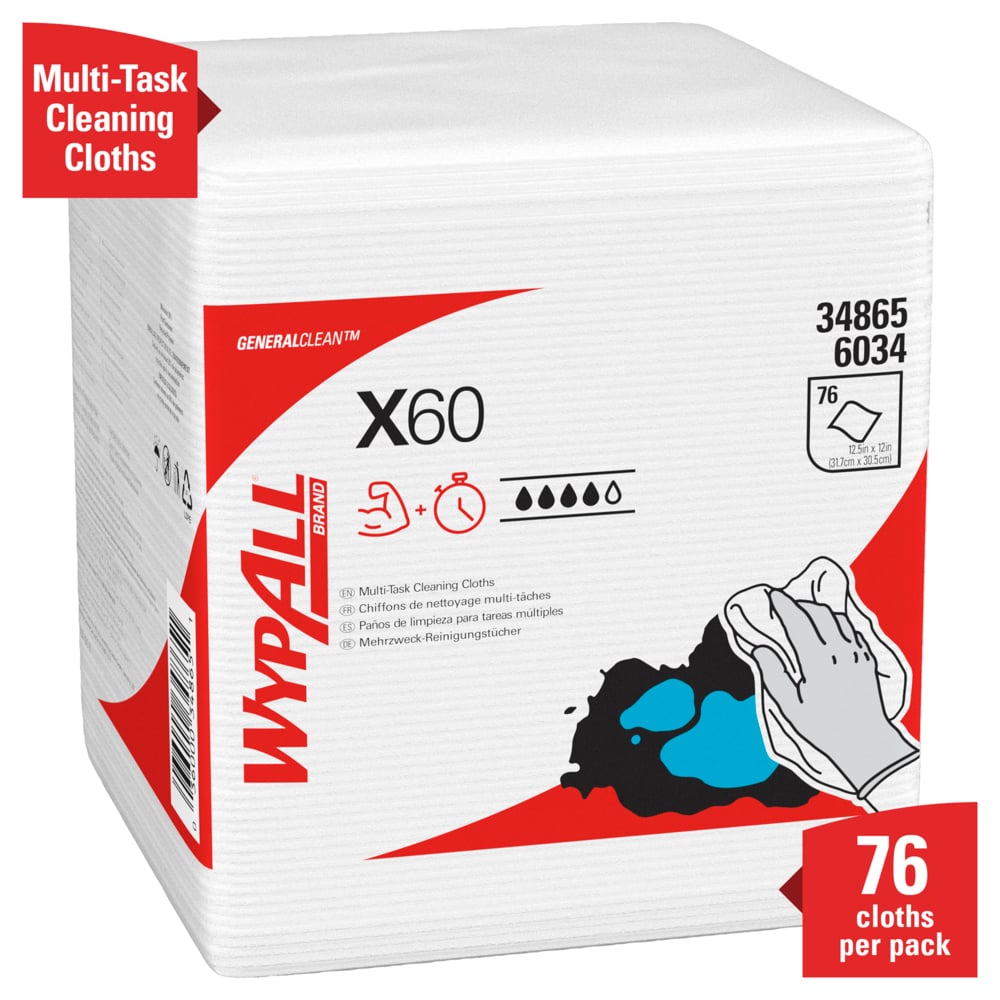 WypAll® General Clean X60 Multi-Task Cleaning Cloths (34865), Quarterfold Washcloths, White, 76 Sheets / Pack, 12 Packs / Case, 912 Washcloths / Case - 34865