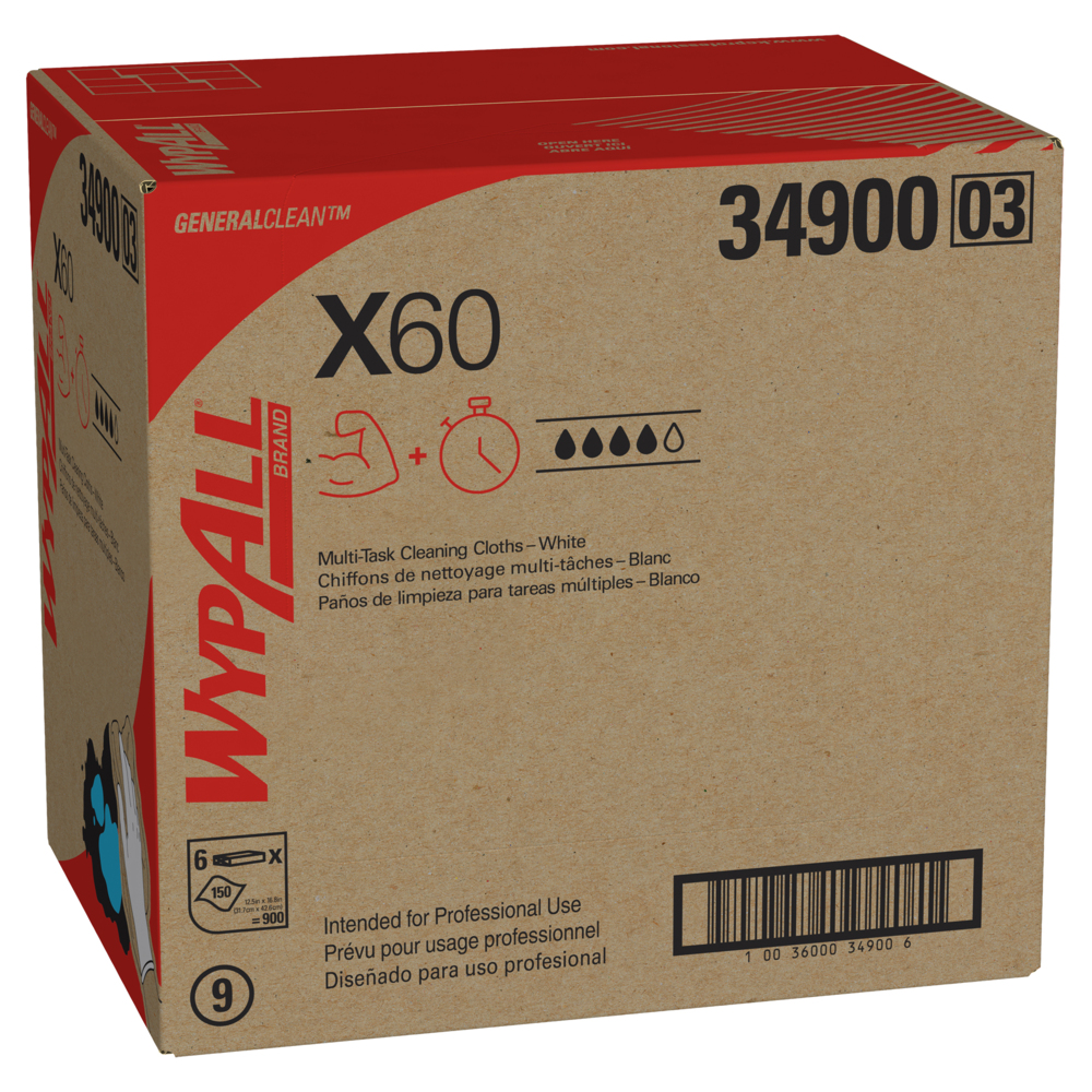 Chiffons de nettoyage multitâches WypAll® X60 General Clean (34900), feuilles à surface plate, blanches, 150 feuilles/paquet, 6 paquets/caisse, 900 lingettes/caisse - 34900