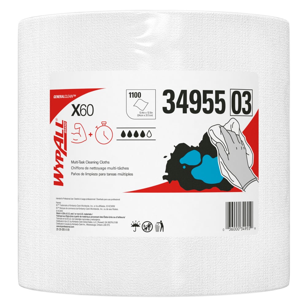 Chiffons de nettoyage multitâches WypAll® X60 General Clean (34955), rouleau géant, blanc, 1 100 feuilles/rouleau, 1 rouleau/caisse - 34955