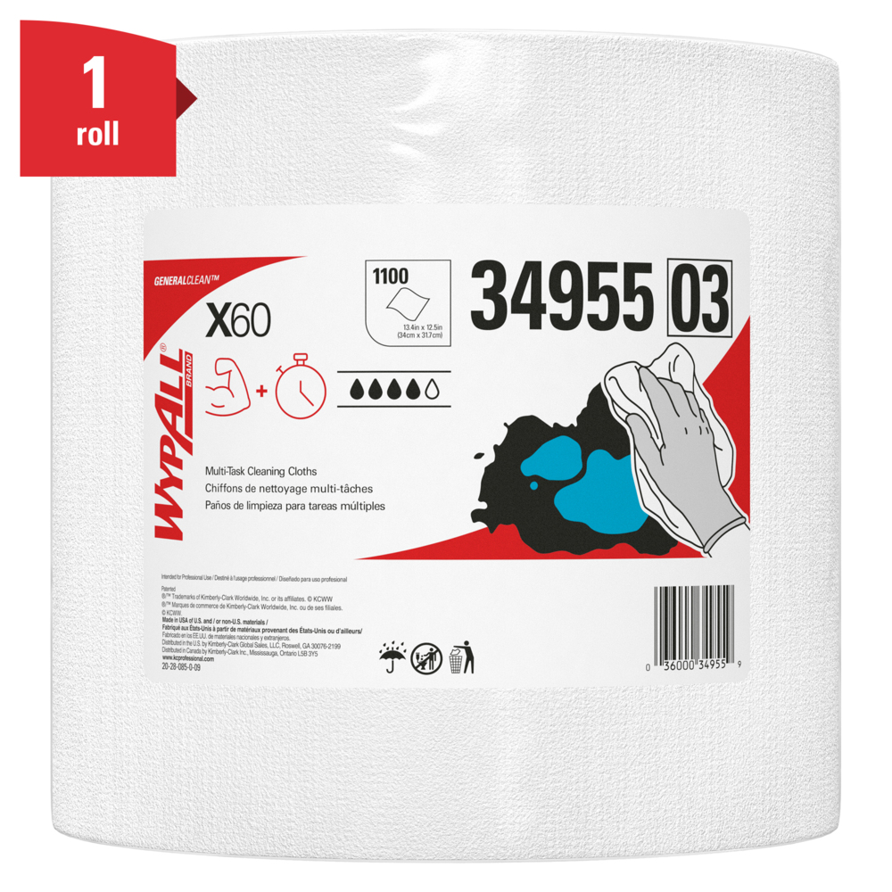 WypAll® General Clean X60 Multi-Task Cleaning Cloths (34955), Jumbo Roll, White, 1100 Sheets / Roll, 1 Roll / Case - 34955