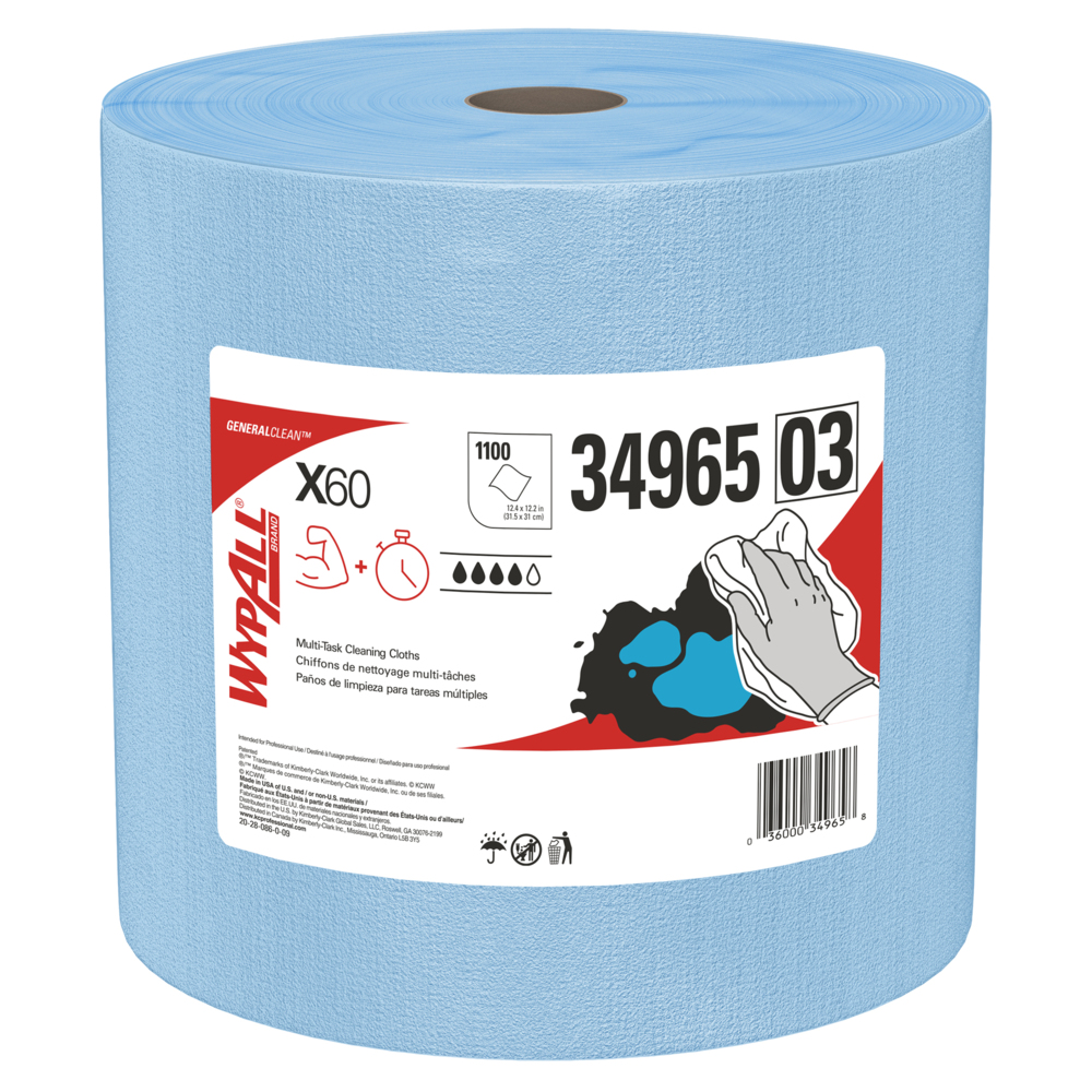 WypAll® General Clean X60 Multi-Task Cleaning Cloths (34965), Jumbo Roll, Blue, 1100 Sheets / Roll, 1 Roll / Case - 34965