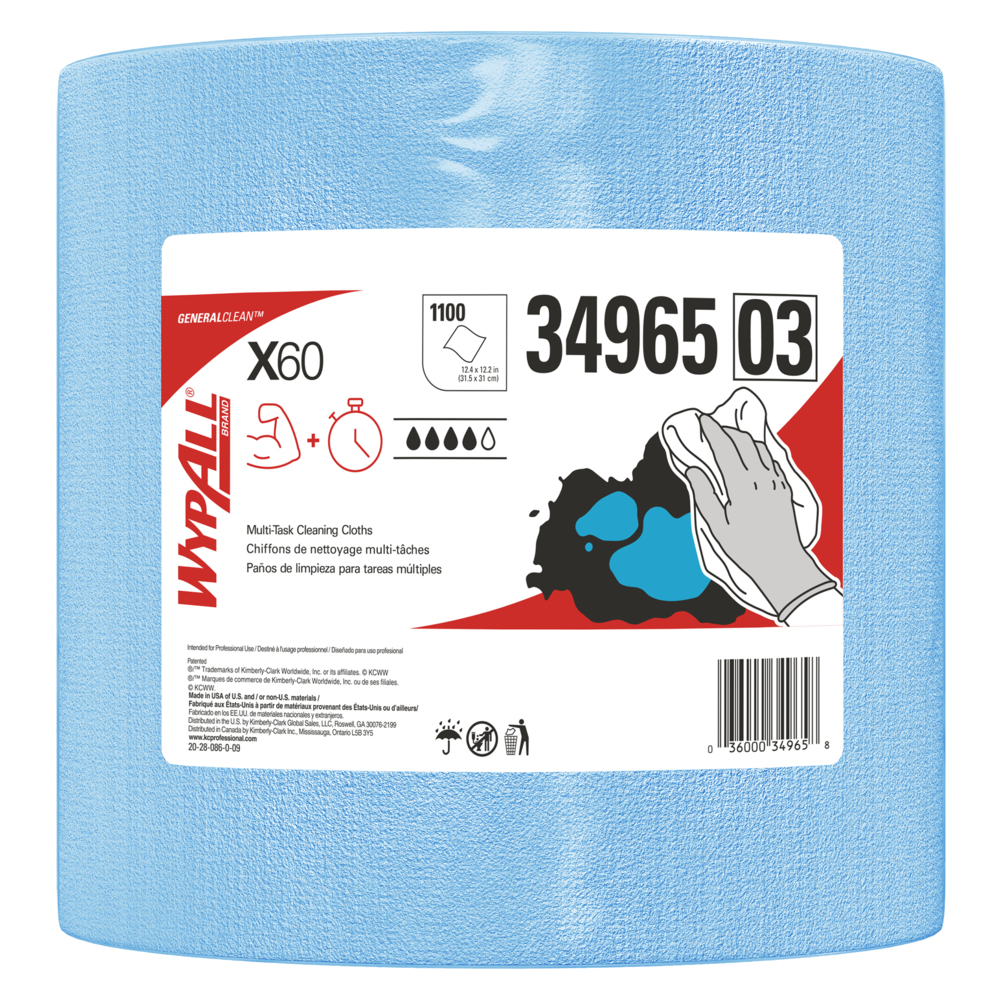 Chiffons de nettoyage multitâches WypAll® X60 General Clean (34965), rouleau géant, bleu, 1 100 feuilles/rouleau, 1 rouleau/caisse - 34965