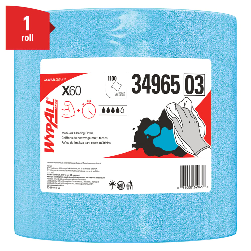 WypAll® General Clean X60 Multi-Task Cleaning Cloths (34965), Jumbo Roll, Blue, 1100 Sheets / Roll, 1 Roll / Case - 34965