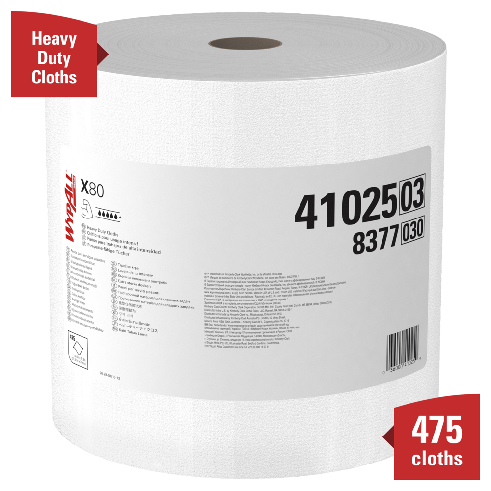 WypAll® Power Clean X80 Heavy Duty Cloths (41025), Extended Use Cloths Jumbo Roll, White, 475 Sheets / Roll; 1 Roll / Case - 41025