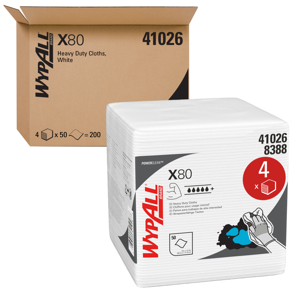WypAll® Power Clean X80 Heavy Duty Cloths (41026), Extended Use Cloths Quarter-fold Format, White, 50 Sheets / Pack; 4 Packs / Case; 200 Folded Sheets / Case - 41026