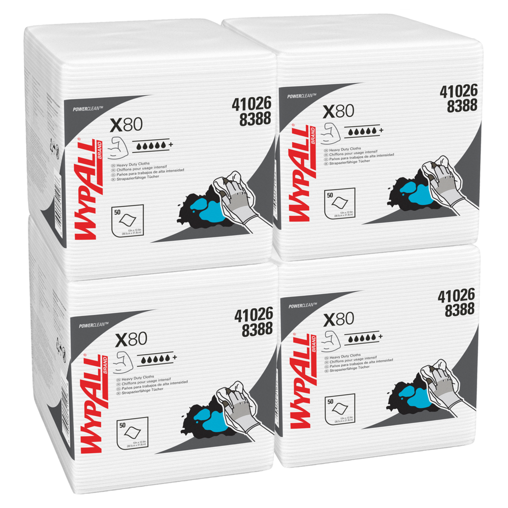Chiffons robustes WypAll® X80 Power Clean (41026), à utilisation prolongée, pliées en quatre, blancs, 50 feuilles/paquet; 4 paquets/caisse, 200 feuilles pliées/caisse - 41026
