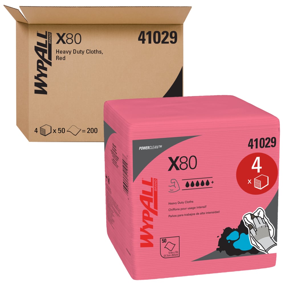 Chiffons robustes WypAll® X80 Power Clean (41029), format à utilisation prolongée, pliés en quatre, rouges, 50 feuilles/paquet; 4 paquets/caisse, 200 feuilles pliées/caisse - 41029