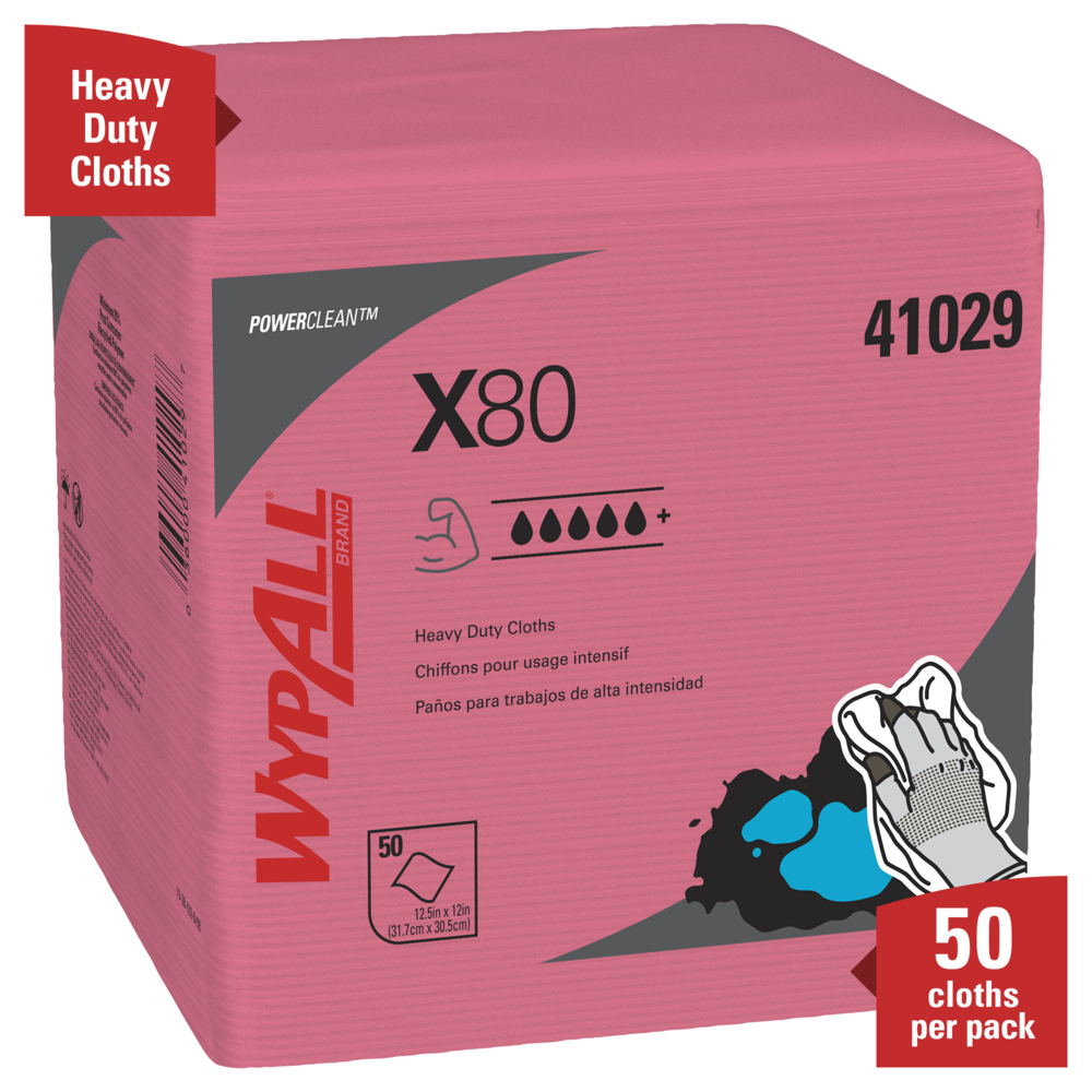 WypAll® Power Clean X80 Heavy Duty Cloths (41029), Extended Use Cloths Quarter-fold Format, Red, 50 Sheets / Pack; 4 Packs / Case; 200 Folded Sheets / Case - 41029