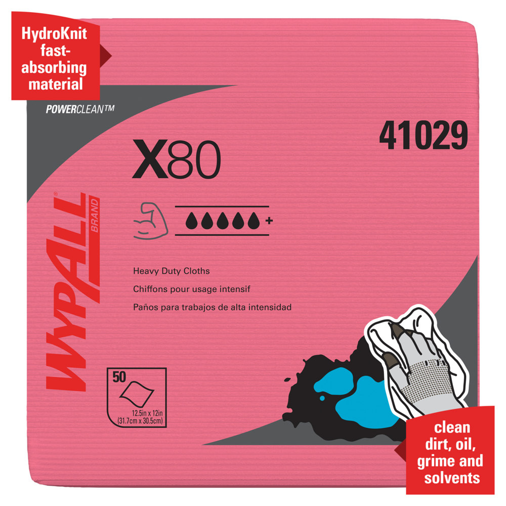 WypAll® Power Clean X80 Heavy Duty Cloths (41029), Extended Use Cloths Quarter-fold Format, Red, 50 Sheets / Pack; 4 Packs / Case; 200 Folded Sheets / Case - 41029
