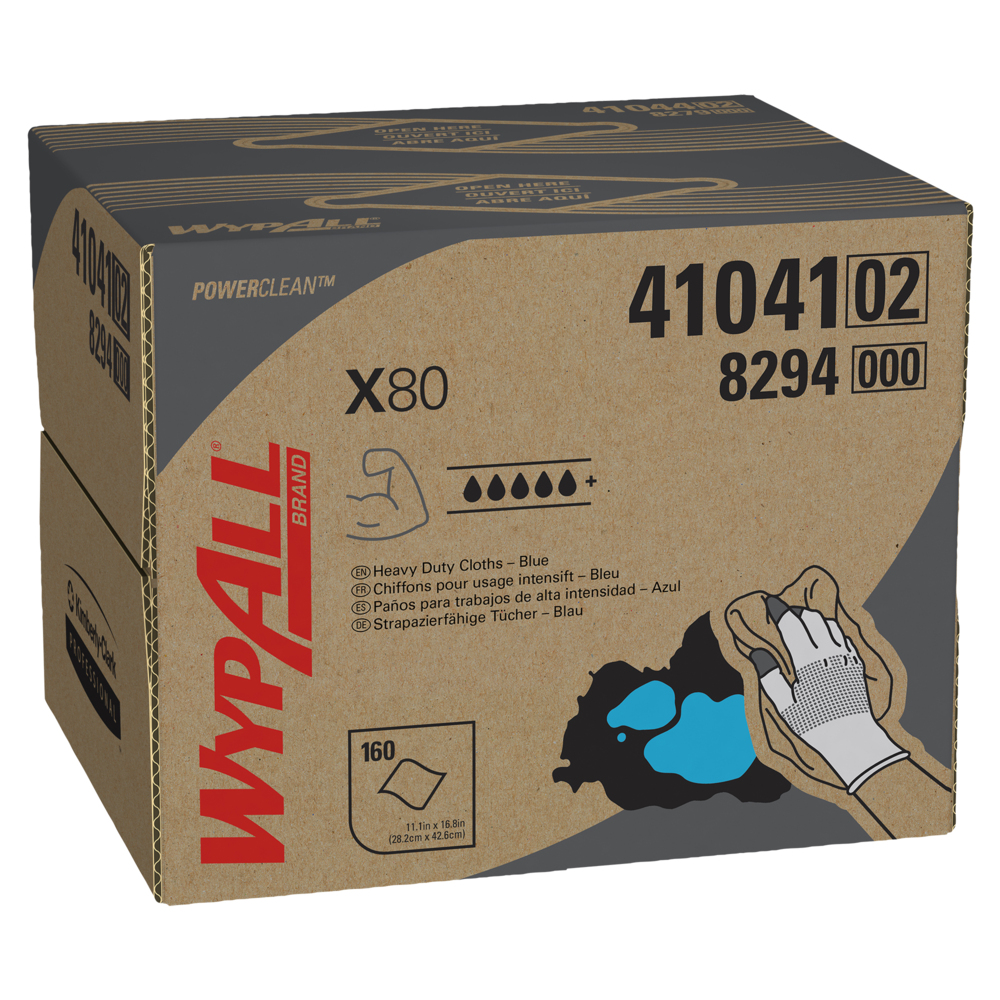 Chiffons robustes WypAll® X80 Power Clean (41041), boîte BRAG, bleus, 1 boîte avec 160 feuilles