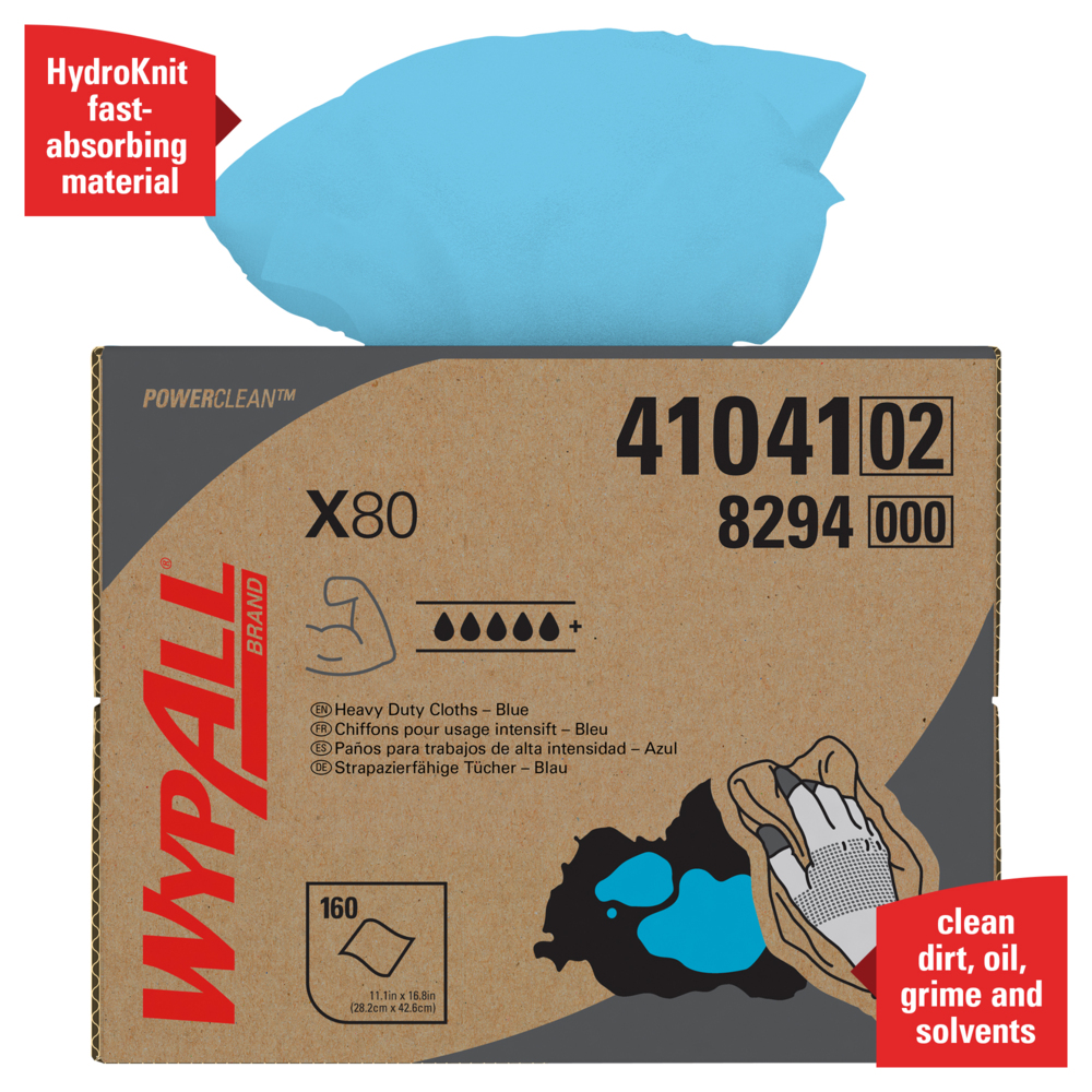 WypAll® Power Clean X80 Heavy Duty Cloths (41041), Brag Box, Blue, 1 Box with 160 Sheets - 41041