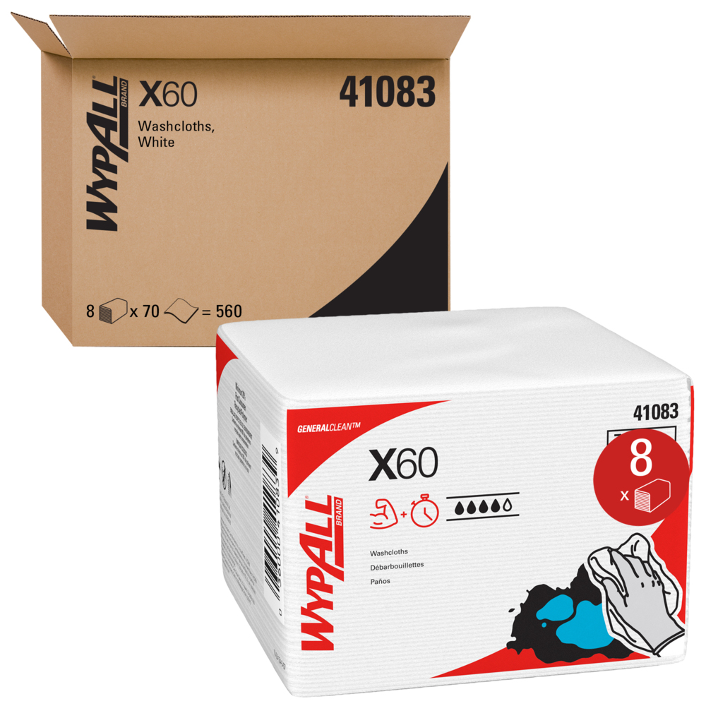 Chiffons de nettoyage multitâches WypAll® X60 General Clean (41083), débarbouillettes avec Hydroknit, 12,5 x 10, blancs, pliés en quatre, 8 paquets/caisse, 70 feuilles/paquet