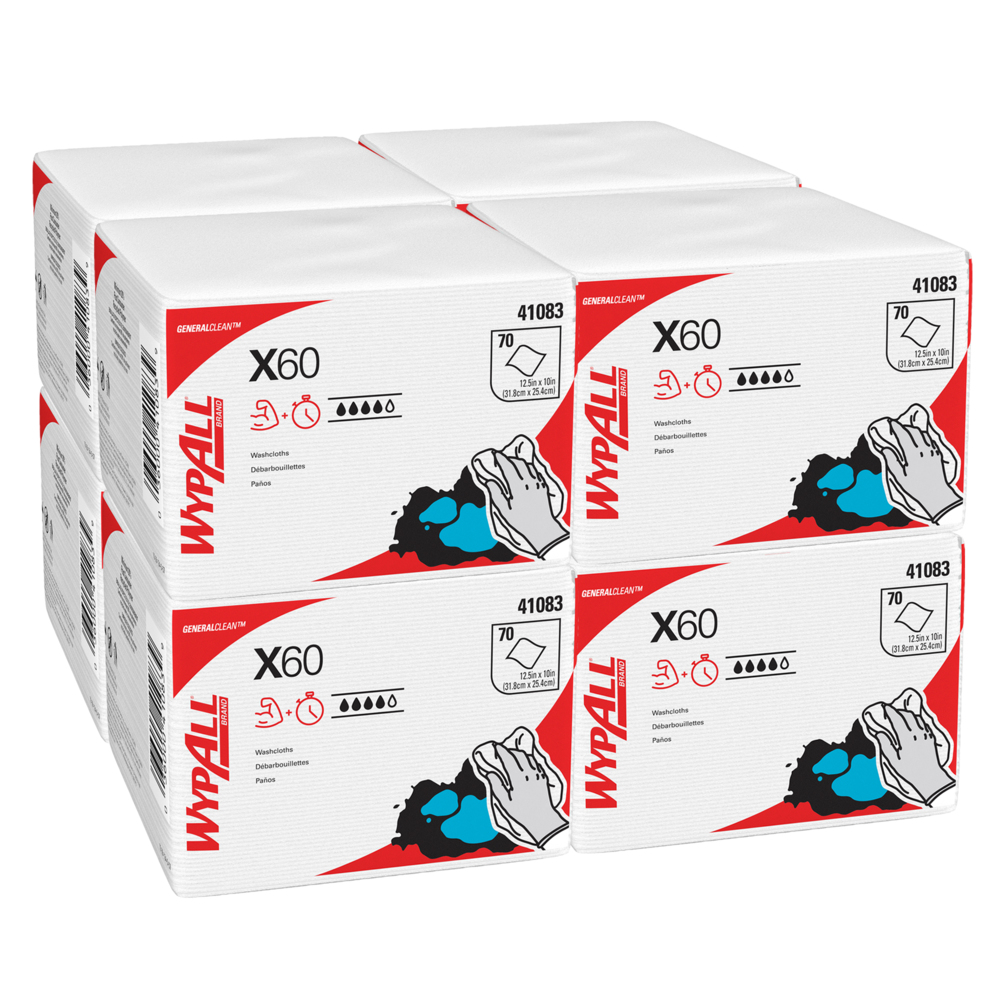 Chiffons de nettoyage multitâches WypAll® X60 General Clean (41083), débarbouillettes avec Hydroknit, 12,5 x 10, blancs, pliés en quatre, 8 paquets/caisse, 70 feuilles/paquet - 41083