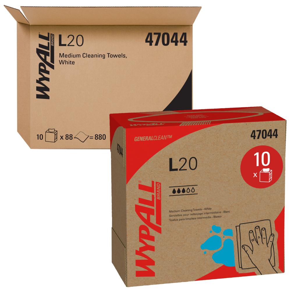 Essuie-tout à usage limité WypAll L20 (47044), boîte Pop-Up, blancs, 4 épaisseurs, 10 boîtes/caisse, 88 feuilles/boîte - 47044