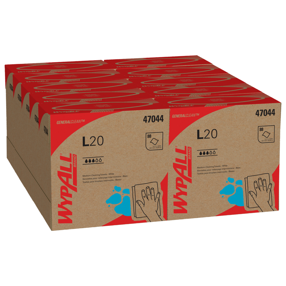 Essuie-tout à usage limité WypAll L20 (47044), boîte Pop-Up, blancs, 4 épaisseurs, 10 boîtes/caisse, 88 feuilles/boîte - 47044