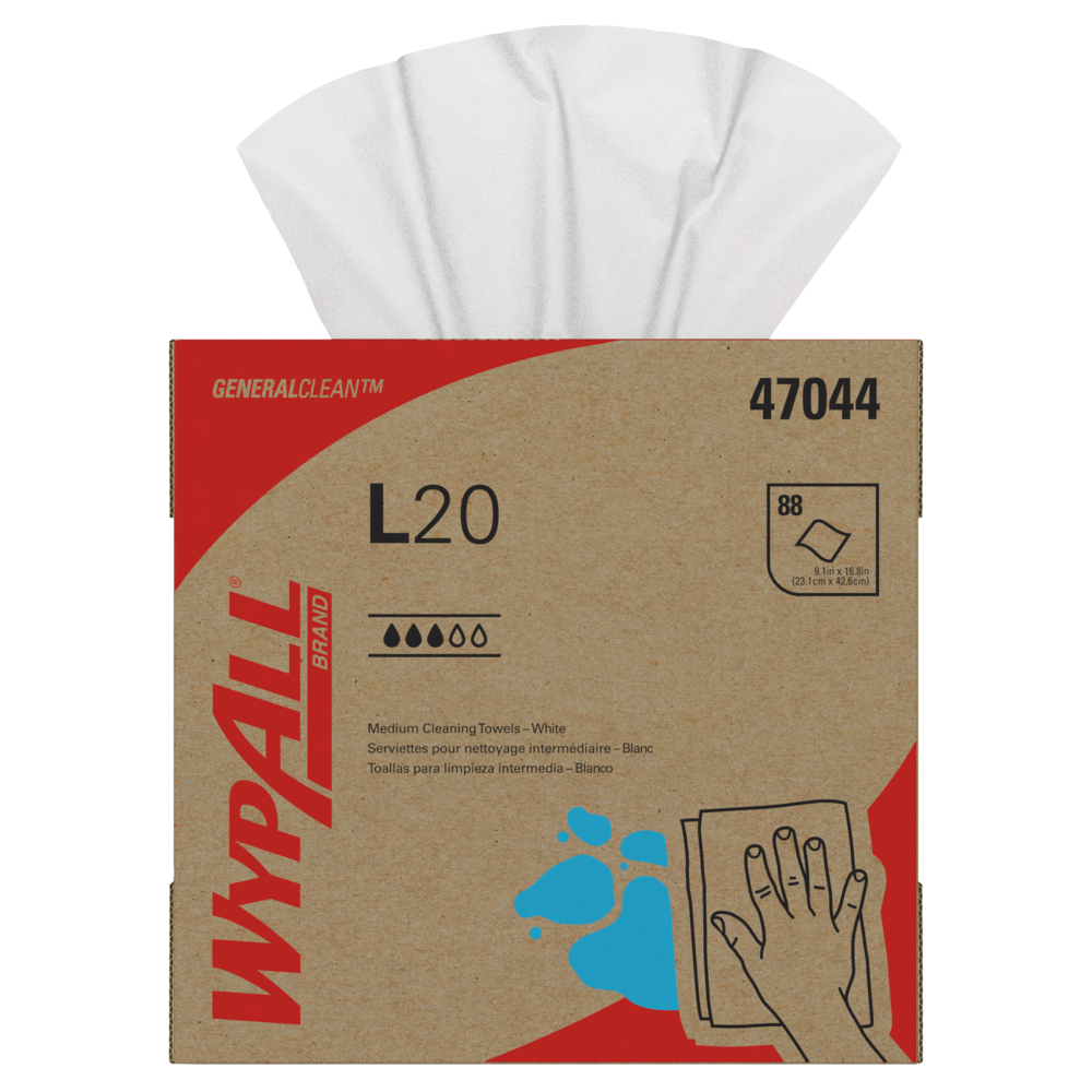 Chiffons de nettoyage moyen WypAll® L20 General Clean (47044), boîte Pop-Up, blancs, pliés en quatre, 10 boîtes/caisse, 88 feuilles/boîte - 47044