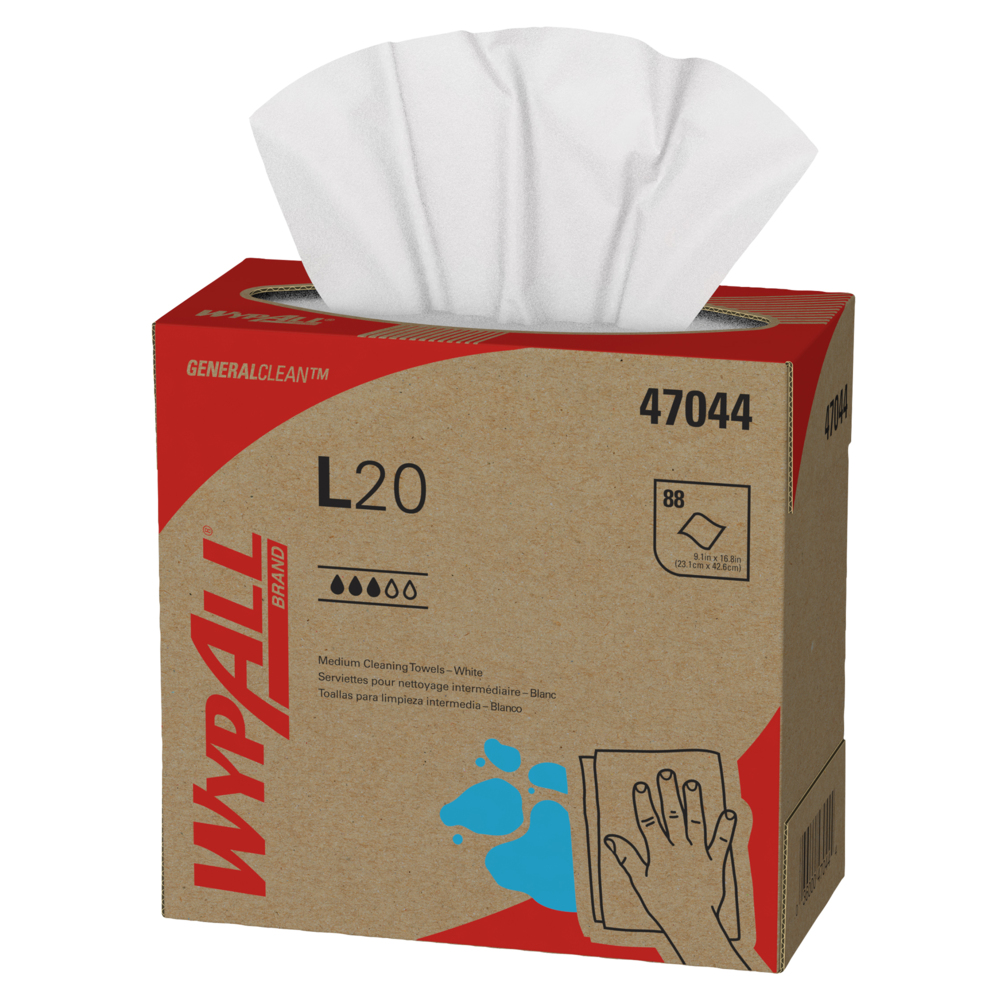 WypAll® General Clean L20 Medium Cleaning Cloths (47044), Pop-Up Box, White, 4-Ply, 10 Boxes / Case, 88 Sheets / Box - 47044