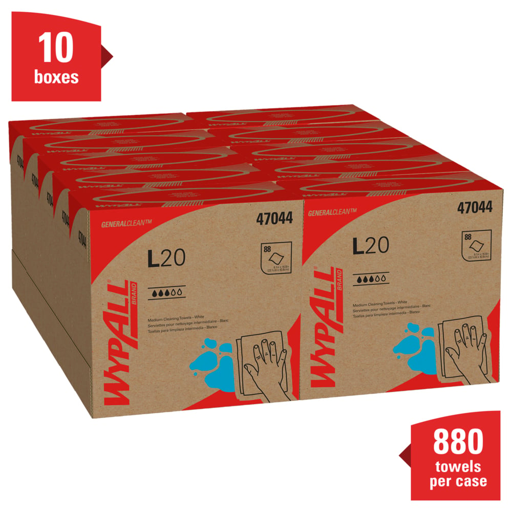 WypAll® General Clean L20 Medium Cleaning Cloths (47044), Pop-Up Box, White, 4-Ply, 10 Boxes / Case, 88 Sheets / Box - 47044