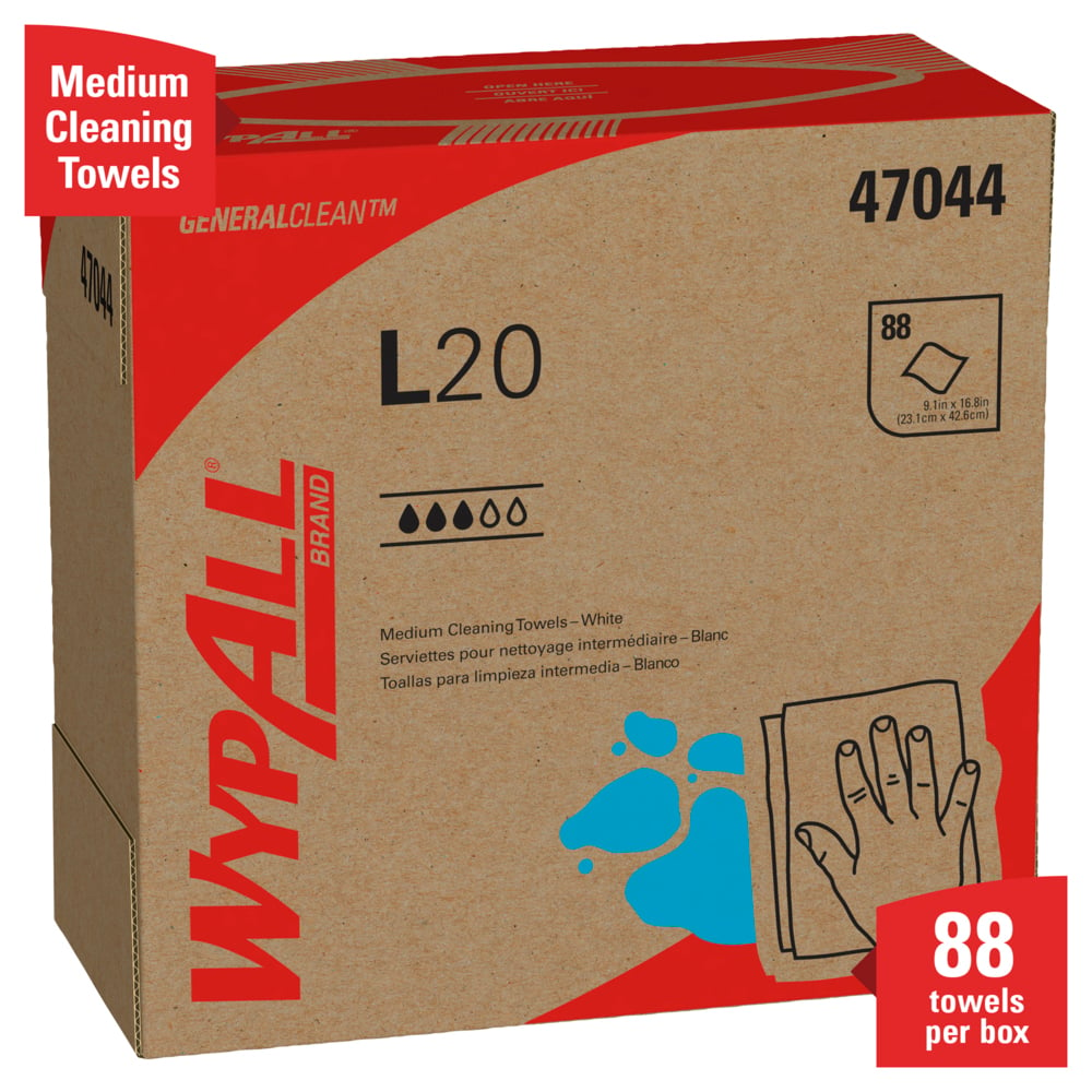 WypAll® General Clean L20 Medium Cleaning Cloths (47044), Pop-Up Box, White, 4-Ply, 10 Boxes / Case, 88 Sheets / Box - 47044