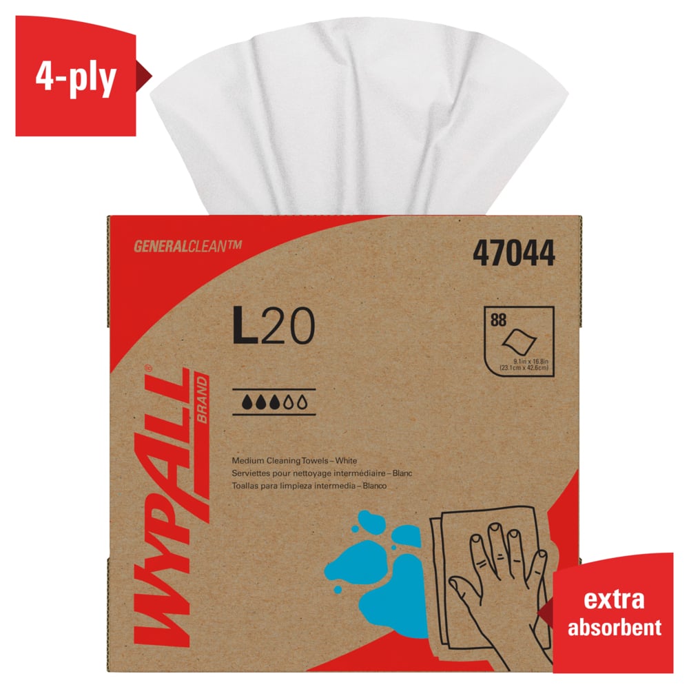 WypAll® General Clean L20 Medium Cleaning Cloths (47044), Pop-Up Box, White, 4-Ply, 10 Boxes / Case, 88 Sheets / Box - 47044