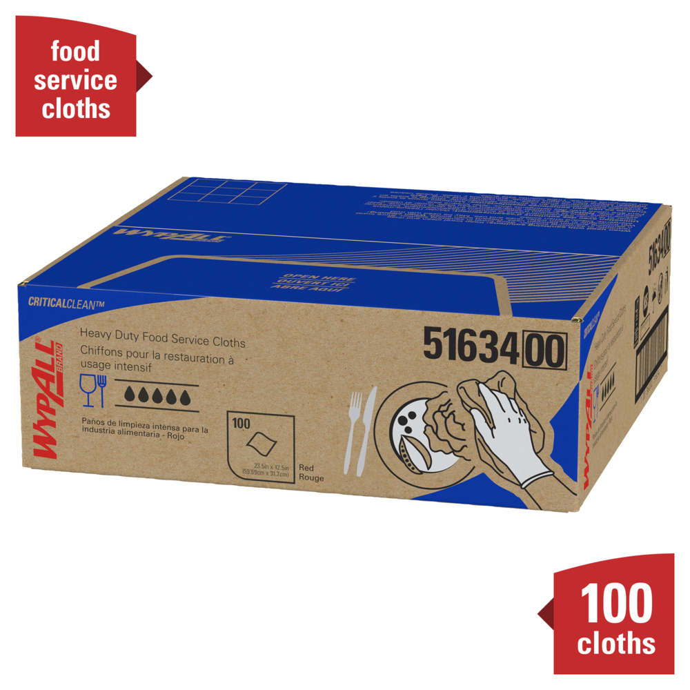 WypAll® Critical Clean Heavy Duty Foodservice Cloths (51634), Quarterfold, Red Cloths, 1 Box, 100 Sheets - 51634