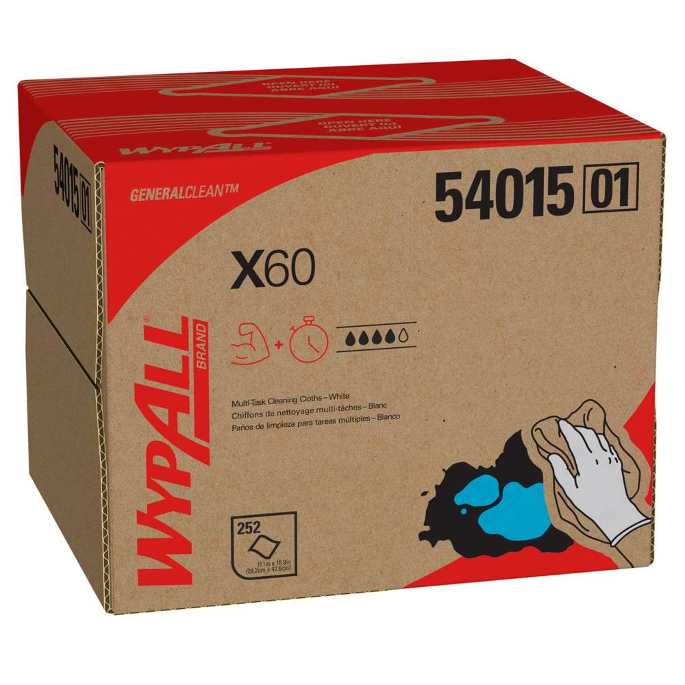 Chiffons de nettoyage multitâches WypAll® X60 General Clean (54015), boîte BRAG, blancs, 1 boîte avec 252 feuilles