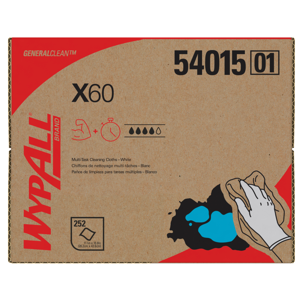 Chiffons de nettoyage multitâches WypAll® X60 General Clean (54015), boîte BRAG, blancs, 1 boîte avec 252 feuilles - 54015