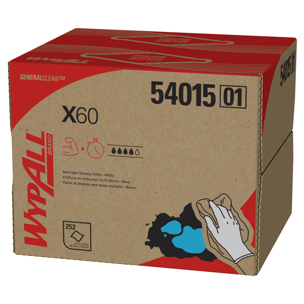 Chiffons de nettoyage multitâches WypAll® X60 General Clean (54015), boîte BRAG, blancs, 1 boîte avec 252 feuilles - 54015