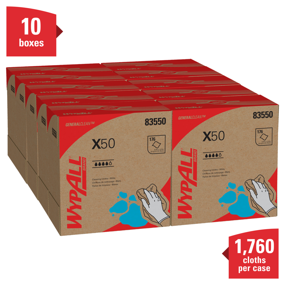 WypAll® General Clean X50 Cleaning Cloths (83550), Pop-Up Box, White, 10 Boxes / Case, 176 Sheets / Box, 1,760 Sheets / Case - 83550