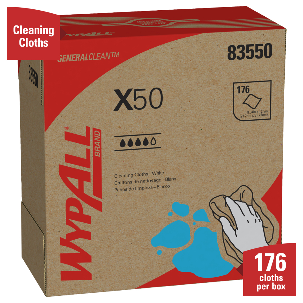 WypAll® General Clean X50 Cleaning Cloths (83550), Pop-Up Box, White, 10 Boxes / Case, 176 Sheets / Box, 1,760 Sheets / Case - 83550