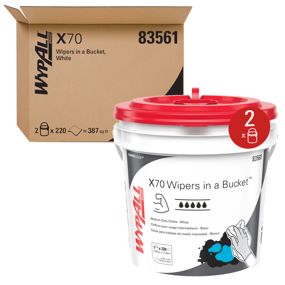 Chiffons de nettoyage moyen WypAll® X70 Power Clean présentés dans un seau (83561), performance longue durée, blanches, 1 seau, 220 chiffons/paquet, 2 paquets/caisse - 83561