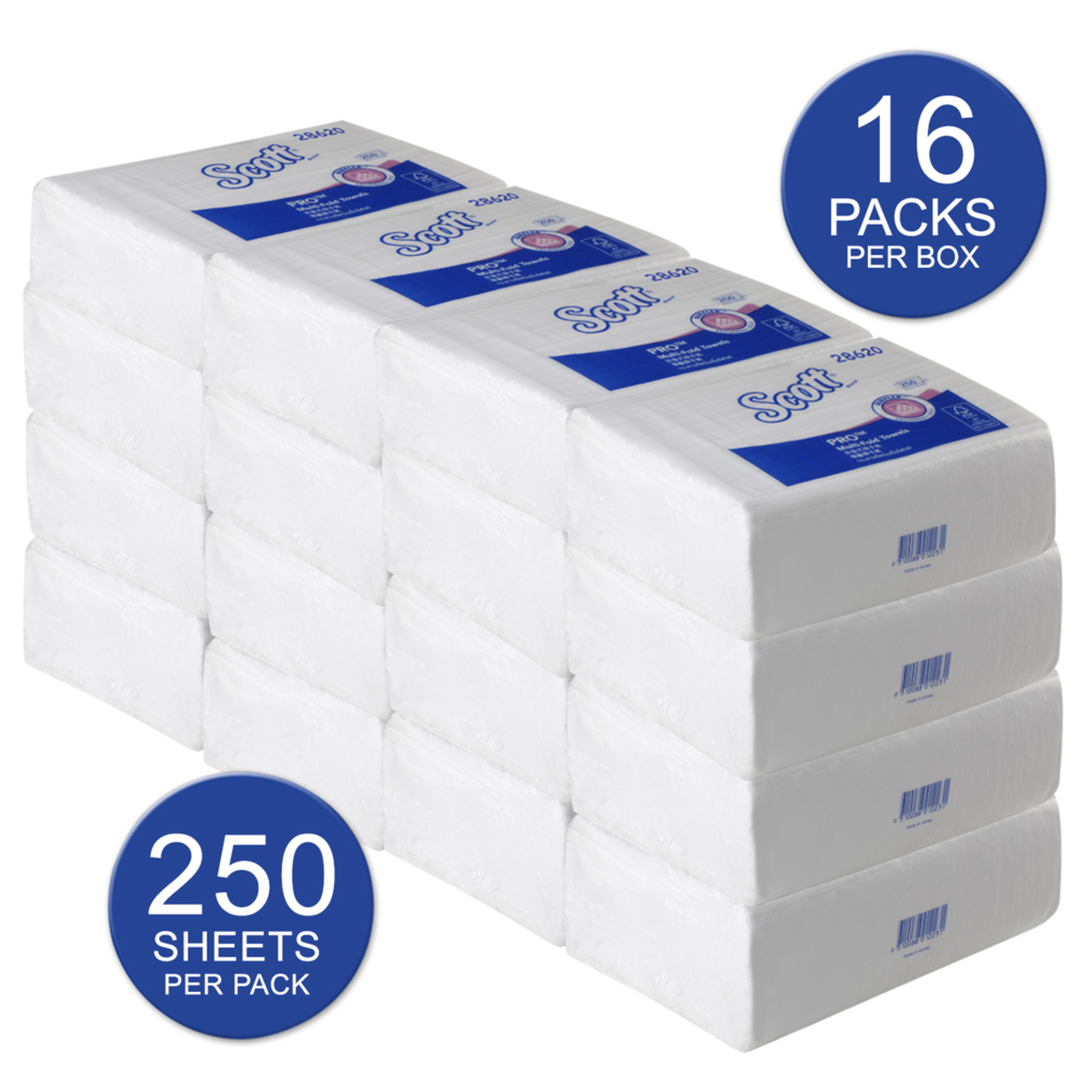 Scott® Multifold Paper Towels (28620), White, 1-Ply, 16 Packs / Case, 250 Sheets / Pack (4,000 Sheets) - 28620 