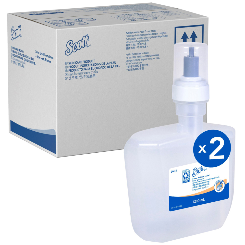 Scott® Foam Antibacterial Skin Cleanser Fragrance & Dye Free (34614) Clear, Unscented,  Foam Hand Soap, 2 Cartridges / Case, 1.2 Litre / Cartridge (2.4 Litres) - 34614
