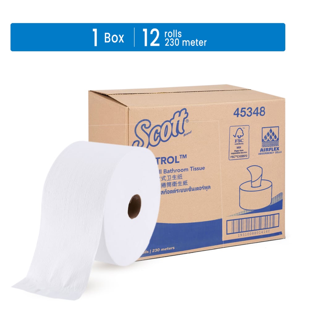 Scott® Control 1 Ply Centrepull Toilet Tissue (45348), 12 Rolls / Case, 230m / Roll (2,760m) - 45348A
