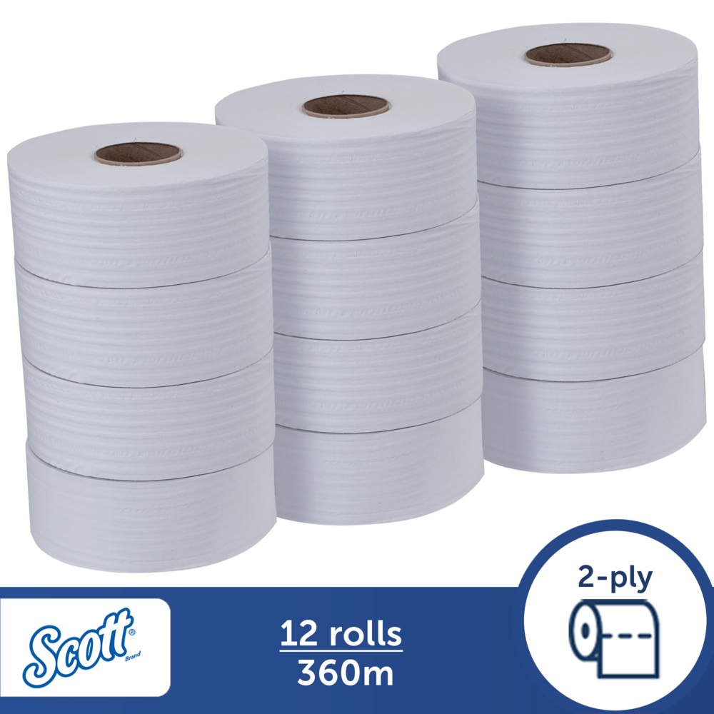 Scott® Essential Jumbo Roll Toilet Tissue (06514), White 2-Ply, 12 Rolls / Case, 360m / Roll (4,320m) - 6514