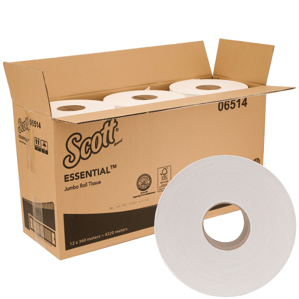 Scott® Essential Jumbo Roll Toilet Tissue (06514), White 2-Ply, 12 Rolls / Case, 360m / Roll (4,320m) - 06514