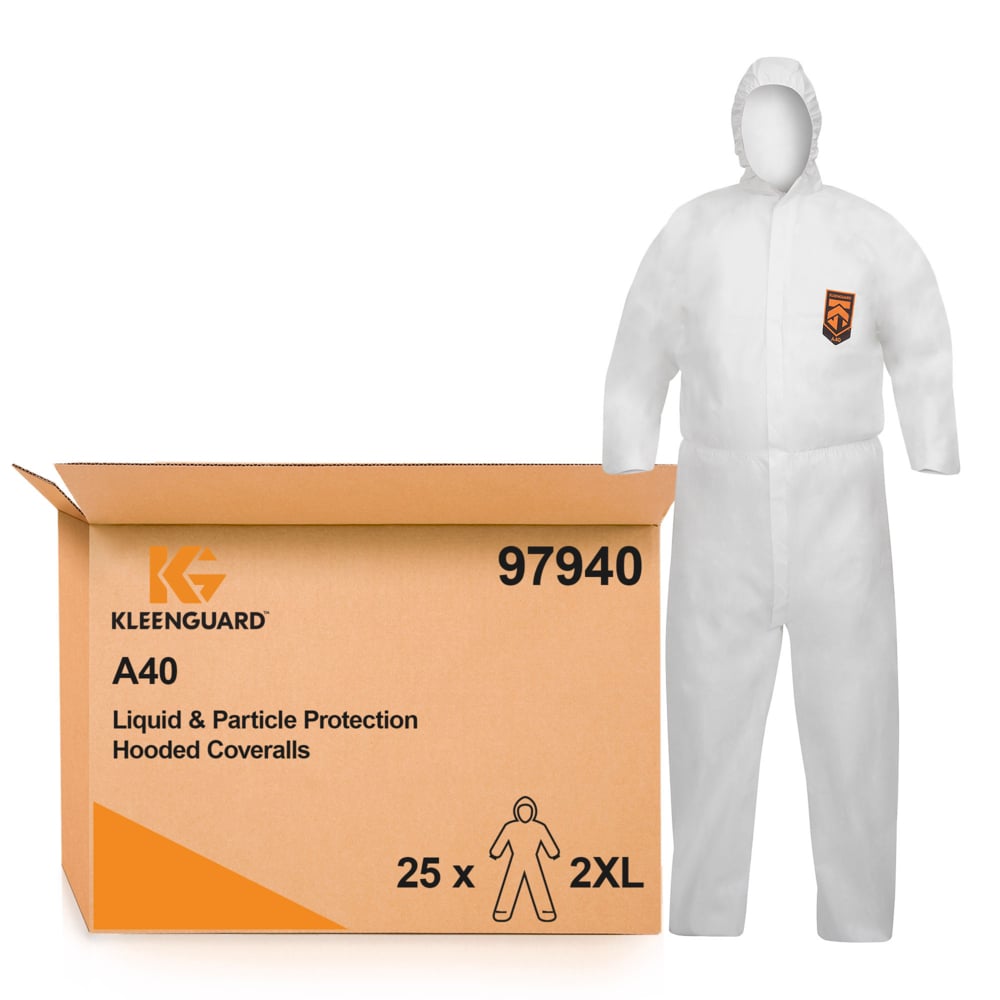 KleenGuard® A40 Liquid & Particle Protection Hooded Coveralls (97940), Two Extra Large White Coveralls, 25 Coveralls/Case, 1 Coverall / Pack (25 coveralls) - S000007920