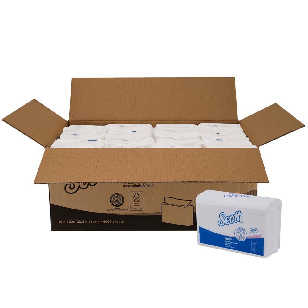 Scott® Pro Lite Multifold Paper Towels (26165), White 1-Ply, 16 Packs / Case, 250 Sheets / Pack (4,000 Sheets) - S058129727