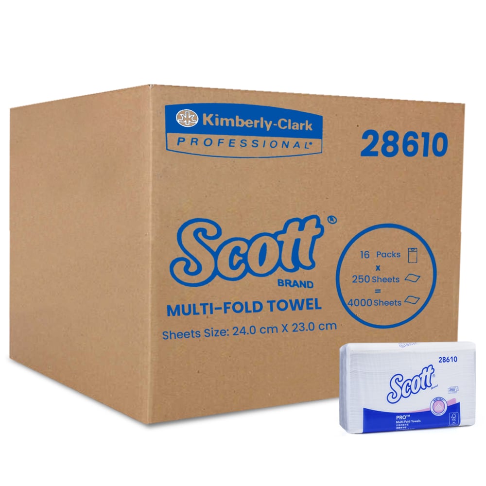 Scott® Multifold Paper Towels (28610), White 1-Ply, 16 Packs / Case, 250 Sheets / Pack (4,000 Sheets) - 28610